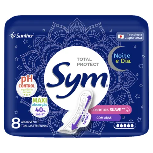 ABSORVENTE SYM NOITE E DIA COM ABAS COBERTURA SUAVE C/8 UNIDADES