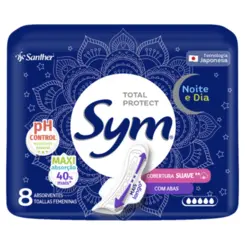 ABSORVENTE SYM NOITE E DIA COM ABAS COBERTURA SUAVE C/8 UNIDADES