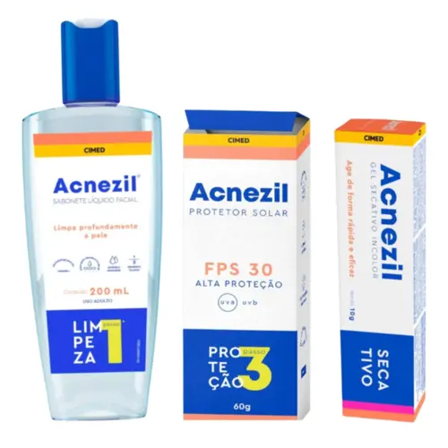 KIT ACNEZIL  VERÃO SABONETE 200ML + PROTETOR SOLAR 60G + GEL SECATIVO 10G