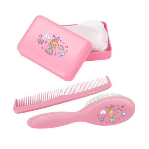 KIT BANHO ESCOVA, PENTE E SABONETEIRA ROSA PETITA