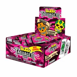 CHICLETE MORANGO TATUAGEM BUZZY COM 1 UNIDADE