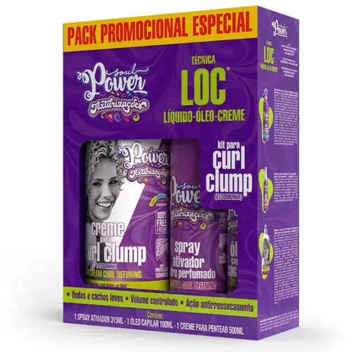 KIT SPRAY ATIVADOR, OLEO CAPILAR E CREME DE PENTEAR CURL CLUMP SOUL POWER 315ML, 100ML E 500ML