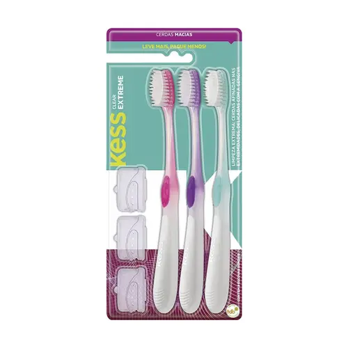 ESCOVA DE DENTE COM CAPA PROTETORA CLEAR EXTREME COM 3 UNIDADES KESS