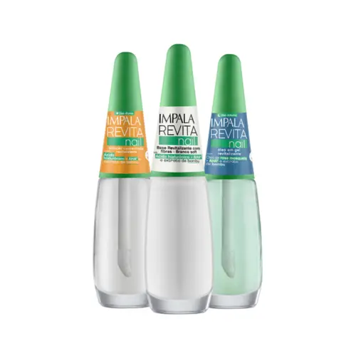 KIT ESMALTE BRANCO SOFT, BASE REVITALIZANTE E ÓLEO EM GEL REVITA NAIL IMPALA 7,5ML