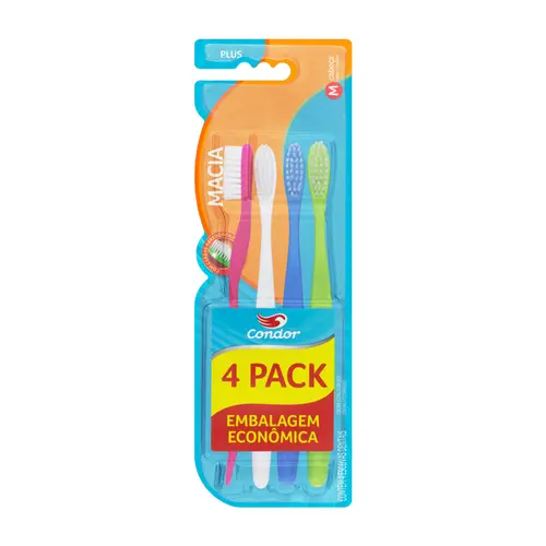 ESCOVA DE DENTE MACIA PLUS COM 4 UNIDADES CONDOR