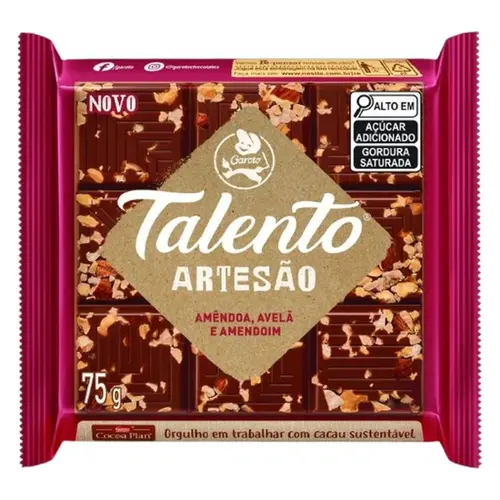 BARRA CHOCOLATE AMÊNDOA, AVELÃ E AMENDOIN ARTESAO TALENTO 75G
