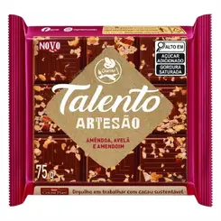 BARRA CHOCOLATE AMÊNDOA, AVELÃ E AMENDOIN ARTESAO TALENTO 75G