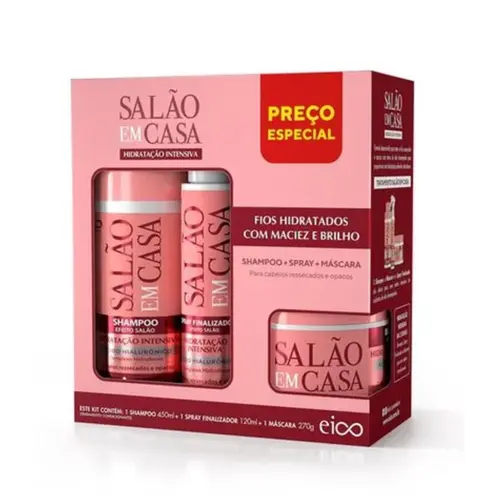 KIT SHAMPOO, SPRAY E MASCARA SALAO EM CASA EICO 450ML 120ML 270G