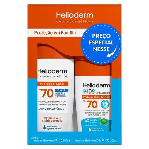 KIT FAMILIA PROTETOR SOLAR E PROTETOR SOLAR KIDS 70 FPS HELIODERM 200ML E 120ML