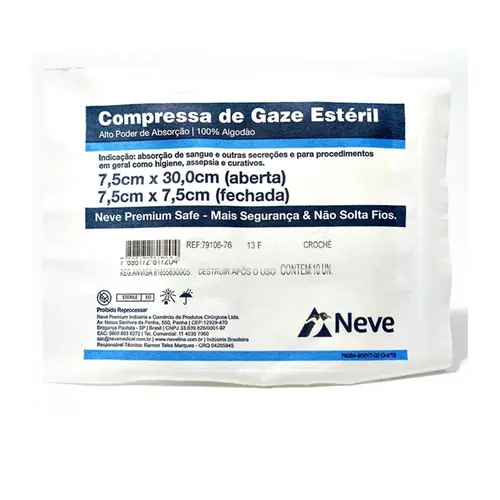 COMPRESSA DE GASE ESTERIL 13 FIOS 7,5CM X 30CM COM 10 UNIDADES NEVE