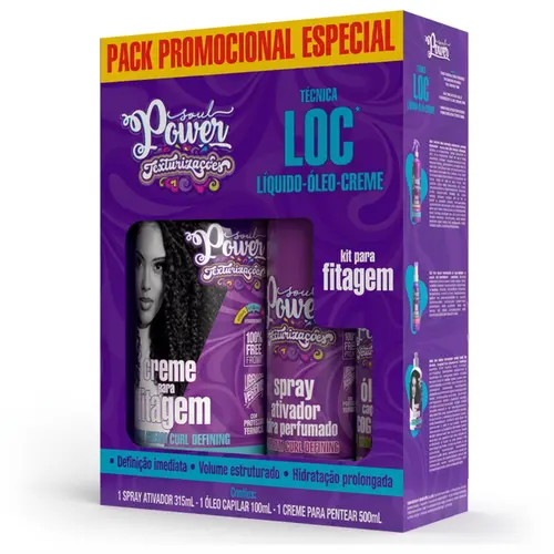KIT SPRAY ATIVADOR, OLEO CAPILAR E CREME DE PENTEAR PARA FITAGEM SOUL POWER 315ML, 100ML E 500ML