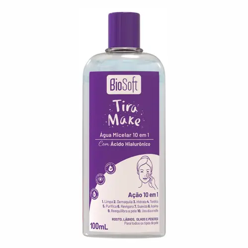 AGUA MICELAR TIRA MAKE COM ACIDO HIALURONICO BIOSOFT 100ML