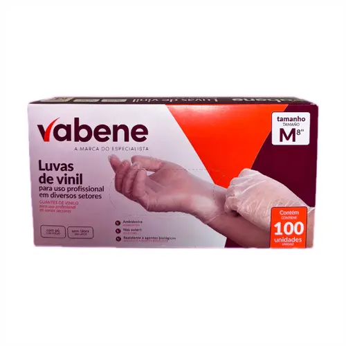 LUVAS VINIL DESCARTAVEIS COM 100 UNIDADES TAMANHO M VABENE