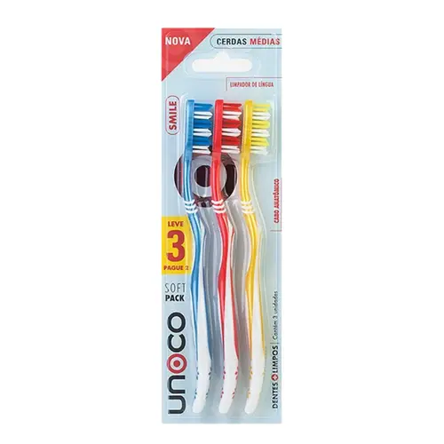 ESCOVA DE DENTE CERDAS MEDIAS COM 3 UNIDADES UNOCO